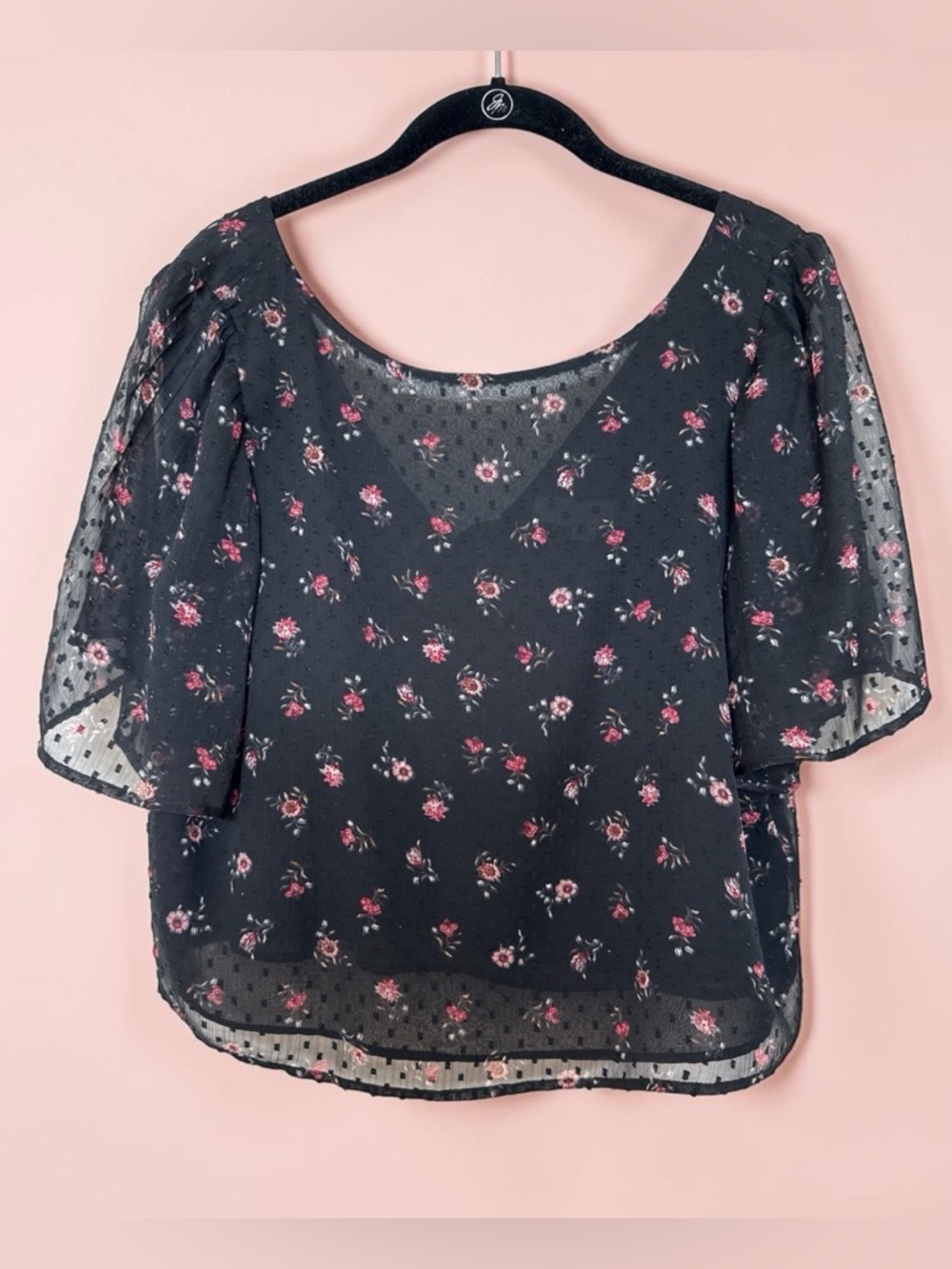 LOFT Black Floral Sheer Blouse with Flutter Sleeves